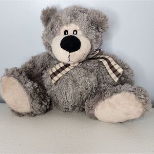 Ganz Bear Big Nose Teddy Grey Tan Plaid Ribbon Stuffed Animal Plush Toy